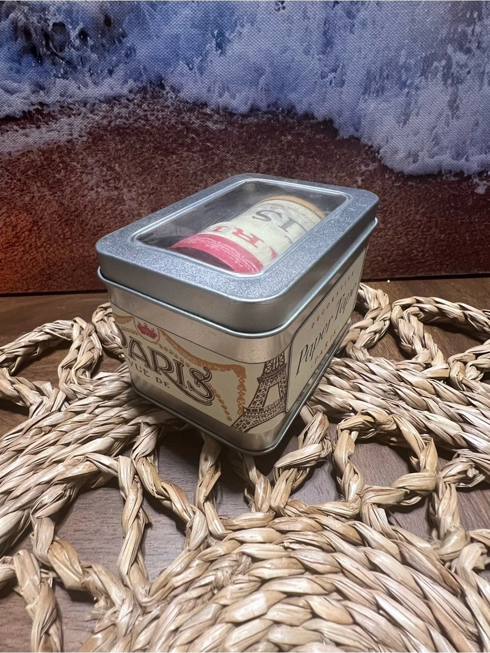 Paris Themed Decorative Tin with Red and Cream Labels